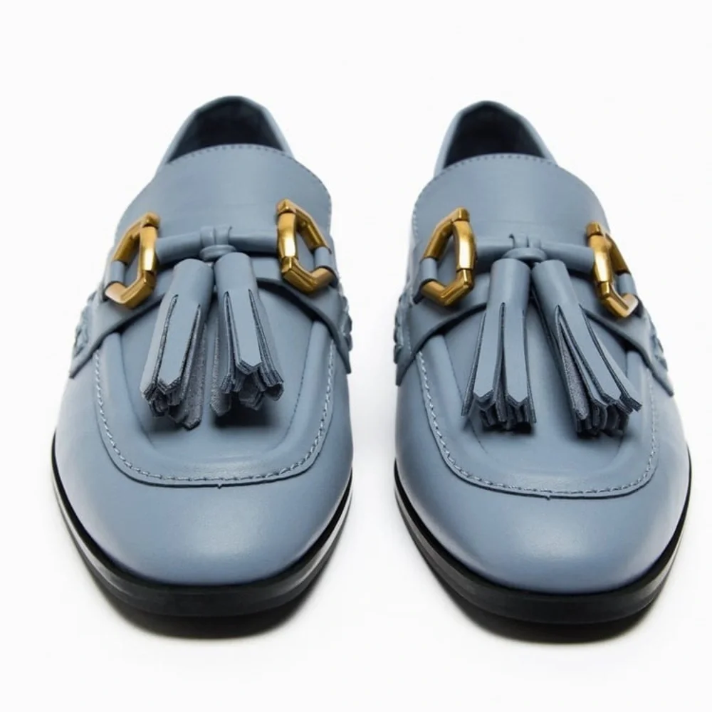 NWT. Zara Blue Tassels Flat Loafers. Size 6,5.